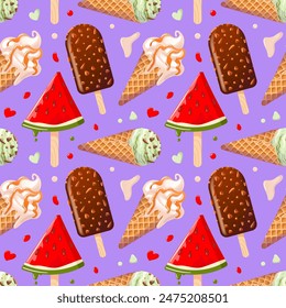 Ice cream seamless pattern. Vanilla, chocolate, mint or pistachio gelato in a waffle cone with caramel or fruit topping. Popsicle with chocolate glaze and nuts. Watermelon juice fruit ice. wallpaper