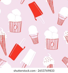 Ice cream seamless pattern. Vanilla cone, gelato Italian Cold dessert background. Vector doodle sketch wallpaper clipart for cafe, restaurant, food truck