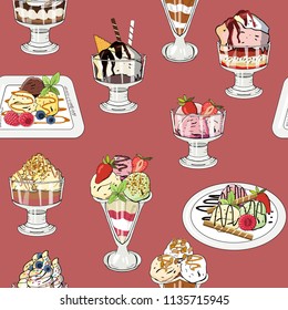 Ice cream seamless pattern. Vector illustration, hand drawn elements. Excellent print for greeting cards, clothes, bed linens, fabric, textiles, wallpaper, wrapping paper, gift box.