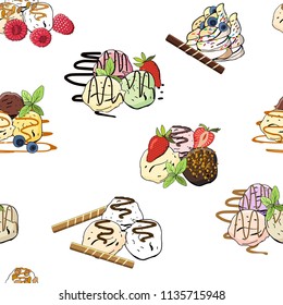 Ice cream seamless pattern. Vector illustration, hand drawn elements. Excellent print for greeting cards, clothes, bed linens, fabric, textiles, wallpaper, wrapping paper, gift box