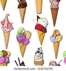 Ice cream seamless pattern. Vector illustration, hand drawn elements. Excellent print for greeting cards, clothes, bed linens, fabric, textiles, wallpaper, wrapping paper, gift box.