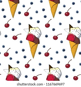 Ice cream seamless pattern. Vector illustration, hand drawn elements. Excellent print for greeting cards, clothes, bed linens, fabric, textiles, wallpaper, wrapping paper, gift box