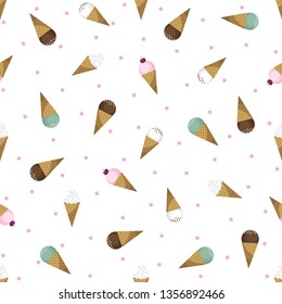 Ice cream seamless pattern. Vector waffle cone. White background.For confectionery, menu, logotype, signboard, web design, stickers, cook book, candy bar decoration, scrapbooking, pack, wrapping paper