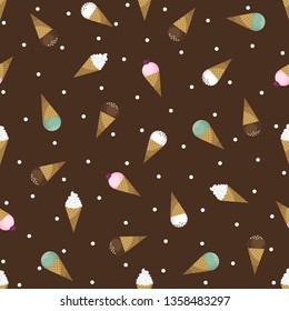 Ice cream seamless pattern. Vector waffle cone. Brown background.For confectionery, menu, logotype, signboard, web design, stickers, cook book, candy bar decoration, scrapbooking, pack, wrapping paper