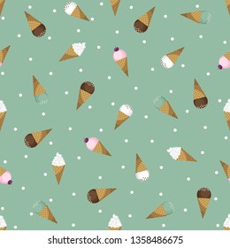 Ice cream seamless pattern. Vector waffle cone. Mint background. For confectionery, menu, logotype, signboard, web design, stickers, cook book, candy bar decoration, scrapbooking, pack, wrapping paper