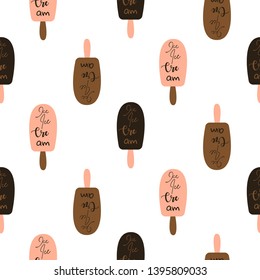 Ice cream seamless pattern vector. Chocolate glazed popsicle with text fun background.
