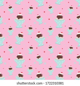 Ice cream seamless pattern, vector illustration in cartoon style on pink background