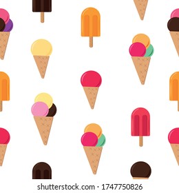 ice cream seamless pattern in vector flat style, summer sweets background white