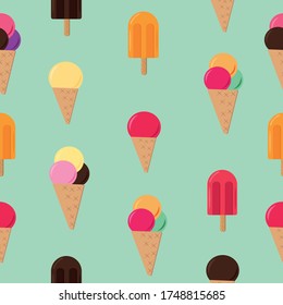 ice cream seamless pattern in vector flat style, summer sweets background blue