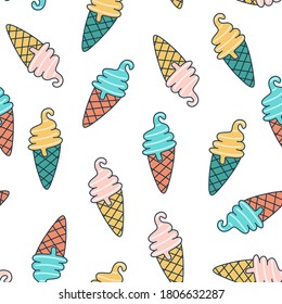 Ice cream seamless pattern. Vector illustration for print on packaging, fabric, textile, wallpaper. Colorful summer background. 