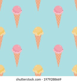 Ice cream seamless pattern Vector illustration in flat design Many fruit waffle cones on turquoise background