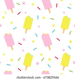 Ice cream seamless pattern vector illustration, Yellow ice pop with sprinkles on white background.