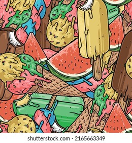 Helado crema sin soldadura patrón vintage colorido postres dulces para niños con sabor a fruta y sandía fresca ilustración vectorial
