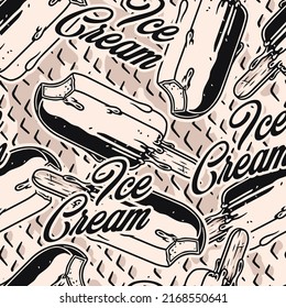 Ice cream seamless pattern vintage monochrome delicious vanilla cold dessert on skewer in chocolate melting glaze vector illustration