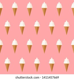 Ice cream seamless pattern. Ice cream with waffle cones on pink background.