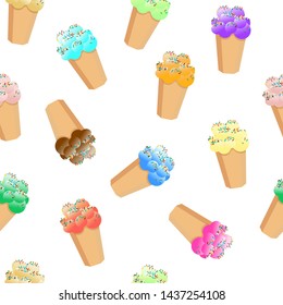 Ice cream seamless pattern in a waffle cup of different tastes and colors and multi-colored icing on a white background. Chaotic desserts in vector illustration.