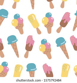 Ice cream seamless pattern. Waffle cone.Multi-colored pattern.Light colors.Suitable for festive decor.