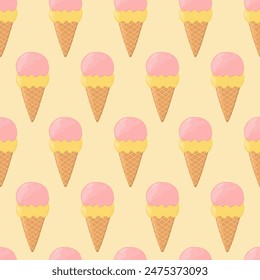 Patrón sin costuras de helado. Cono de gofre con cucharadas de helado. Fondo para póster, impresión, tarjetas, papel de embalaje, decoración de ropa y heladería. Ilustración vectorial
