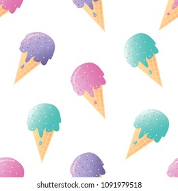 Ice cream seamless pattern. White background for menu, catalog, restaurant, cartoon, game, kitchen, textile, decor. Vector illustration.