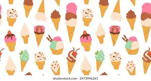 Ice cream seamless pattern. Yummy street food, confectionery snacks. Cone waffle with filling, icecream balls in cup, ice-cream in cone. Flat vector cartoon background isolated on white background