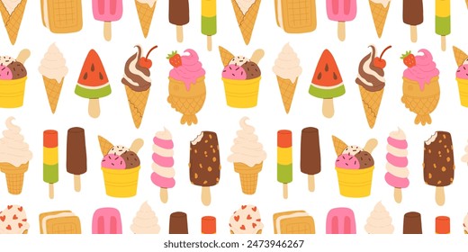 Ice cream seamless pattern. Yummy street food, confectionery snacks. Cone waffle with filling, icecream balls in cup, ice-cream in cone. Flat vector cartoon background isolated on white background