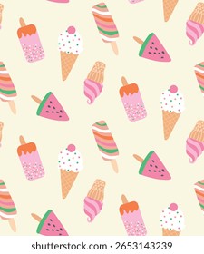 Sorvete sem costura padrão. Comida gostosa, lanches de confeitaria. Waffle de cone com enchimento, bolas de sorvete no copo, sorvete no cone. Plano de fundo de desenho animado vetor isolado no fundo amarelo.