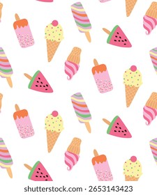 Sorvete sem costura padrão. Comida gostosa, lanches de confeitaria. Waffle de cone com enchimento, bolas de sorvete no copo, sorvete no cone. Vetor plano de fundo de desenho animado isolado no fundo branco