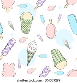 Ice cream seamless pattern,Ice cream pictogram, tasty dessert of various colors,