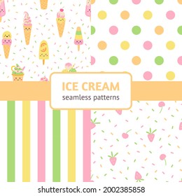 Ice cream seamless patterns collection. Ice cream party decoration. Perfect for greeting card or print on baby clothes. Vector illustration.