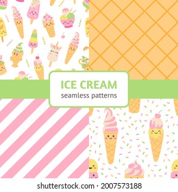 Ice cream seamless patterns. Ice cream party decoration. Perfect for greeting card or print on baby clothes. Vector illustration.