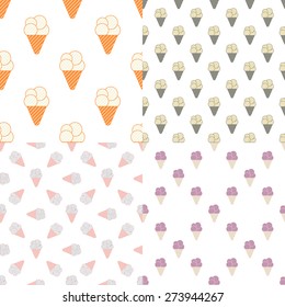 Ice cream seamless patterns set in modern vintage design. Dessert backgrounds set. Vector illustration.