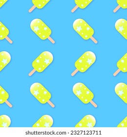 Ice cream seamless repeats pattern on blue background. summer dessert food, cold popsicle with wooden stick, frozen lolly, green fruity fresh cool lollipop.