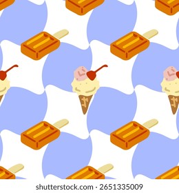 Ice Cream Seamless Summer Pattern. Cute ice cream cones and bars on a blue and white checkered seamless background. Flat cartoon style, hand-drawn with bright summer dessert theme.