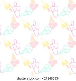 Ice cream seamless summer pattern. Ice-cream cone colorful summer background on white.