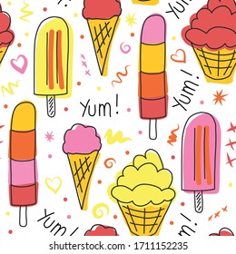 Ice cream seamless vector pattern. Hand drawn cute Popsicles and sprinkles in pink red orange and yellow on a background.