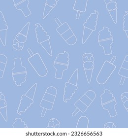 Ice cream seamless vector pattern on blue background in line art style.