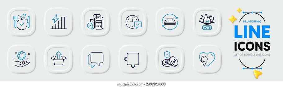 Ice cream, Select alarm and Savings insurance line icons for web app. Pack of Talk bubble, Consumption growth, Puzzle pictogram icons. Bill accounting, Vegetarian food, Send box signs. Vector