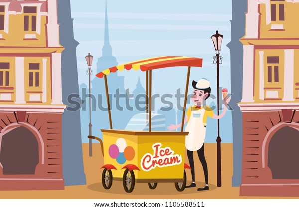 Ice cream seller, cart, city background,\
vector, illustration, cartoon style,\
isolated