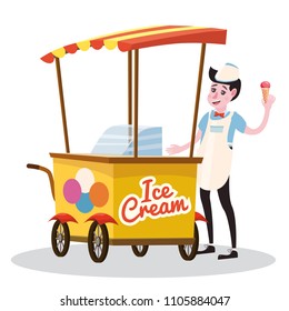 Ice cream seller, cart, vector, illustration, cartoon style, isolated