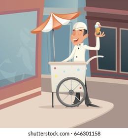 Ice Cream Seller Happy Smiling Cart Retro Vintage Cartoon Character Icon on Street Background Retro Cartoon Design Vector Illustration