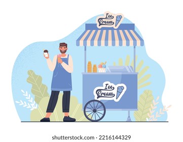 Ice Cream Seller. Man Stands Near Icecream Cart And Offers Sweets. Symbol Of Summer Season And Hot Weather. Poster Or Banner For Website. Small Business Owner. Cartoon Flat Vector Illustration