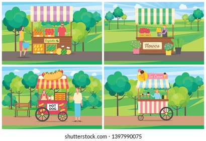 Ice cream seller vector, vegetable market in summer marketplace person selling flowers, hot dot stall with food and fresh products. Buyers on nature
