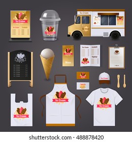 Ice cream selling realistic design set with apron and street food cart design isolated vector illustration 