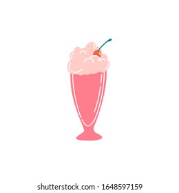 Ice cream served with a cherry on top, ice cream milkshake dessert in tall glass isolated on white background. Decorative design element, sticker, icon. Flat vector illustration in cartoon style. 