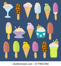 Un conjunto de helados con 17 tipos diferentes de helados, ilustración vectorial, fondo cambiable, para temas de verano, impresión 