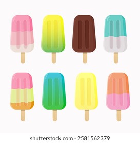 Ice cream set with 8 different tastes. Isolated on white background. Vector design.