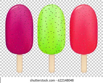 Ice cream set. Berry and fruit gelato. Sweet frozen dessert for kids. Ice cream on stick. Summer cold juice collection. Vector illustration for menu design or food posters and banners.