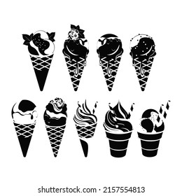 Ice cream. Set. Black silhouette on a white background. Logo, icon.