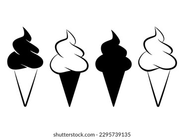 ice cream - set of black and white symbol of soft serve ice creams in a cone, simple vector illustration isolated on white background