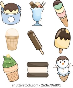 Ice cream set, cartoon ice cream, ice cream sticks, cups, cones and Christmas trees and snowmen